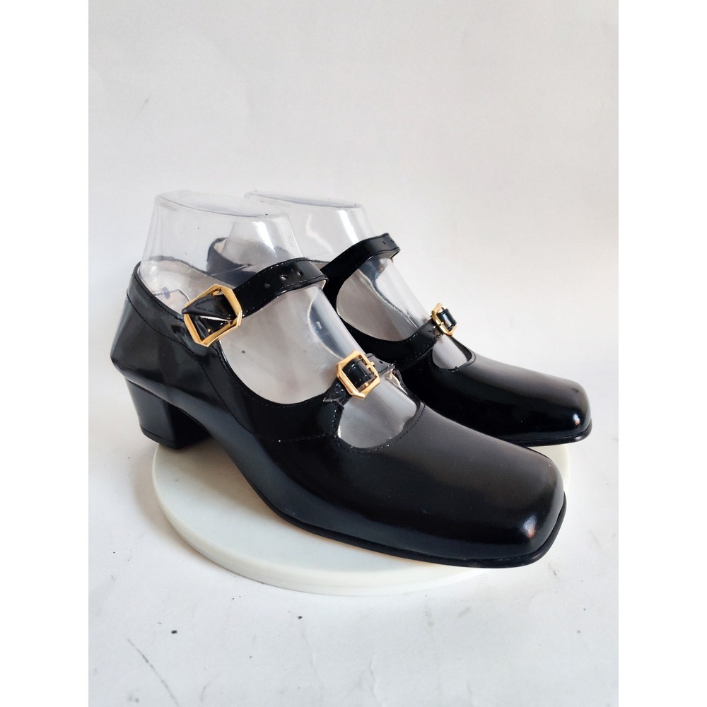 Vintage Mary Jane Heels 5.5 Patent Leather Double Strap Square Toe Retro Black